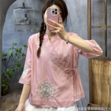 新中式复古斜襟系带改良汉服女夏季宽松禅意茶服小开衫短款上衣