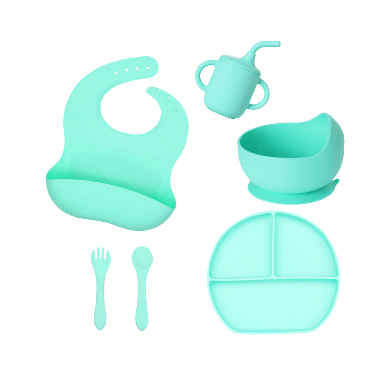 Factory Customized Silicone Tableware 6-Piece Set Baby Straw Cup Plate Bowl Bib Eating Children's Tableware Set