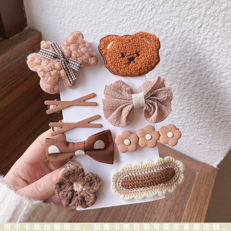 9-Piece Set ~ Milk Coffee Color Bear Barrettes Knitted Small Flower Autumn and Winter New Sweet Bow Girl Side Bang Clip