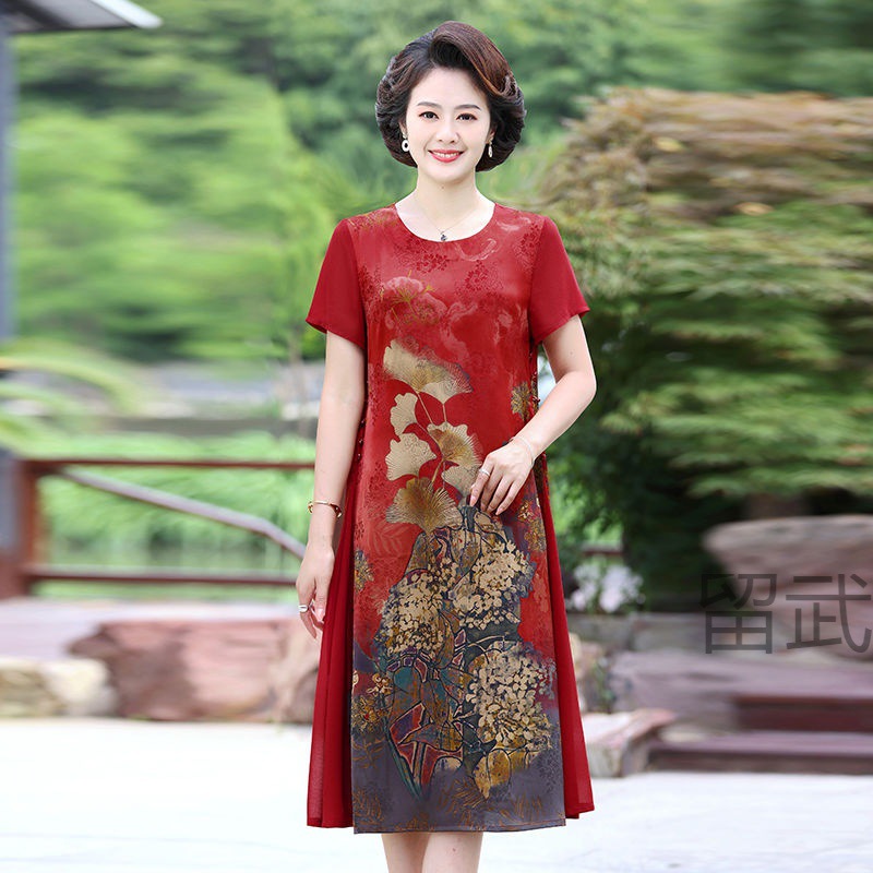 lw妈妈夏装仿真丝连衣裙40岁50大码中老年女装复古显瘦遮肉洋气裙
