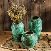 景德镇瓷器美式陶瓷小花瓶客厅插花摆件  绿色陶罐粗陶多肉坛子