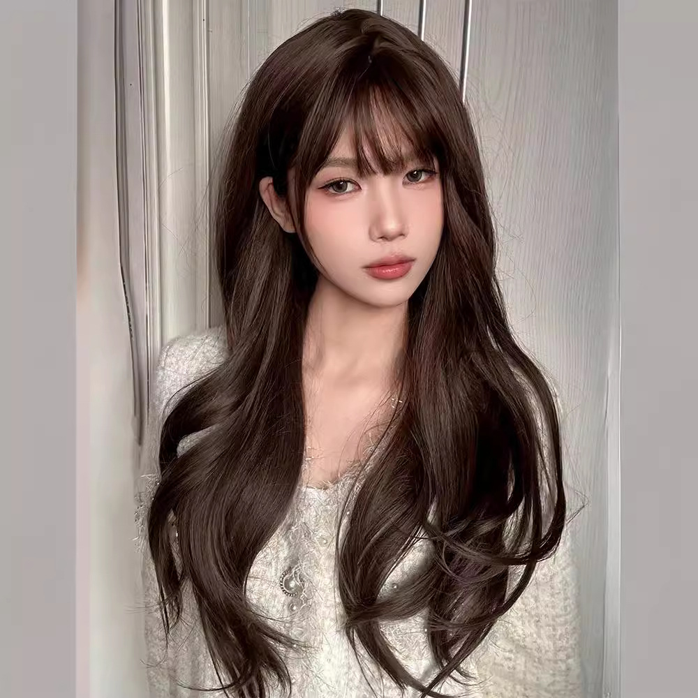 日常假发女时尚长卷发大波浪与齐刘海 自然逼真透气甜美整顶假发