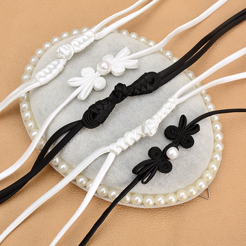 旗袍复古盘扣白色国潮古装汉服连衣裙装饰长尾琵琶珍珠蝴蝶扣蛇结