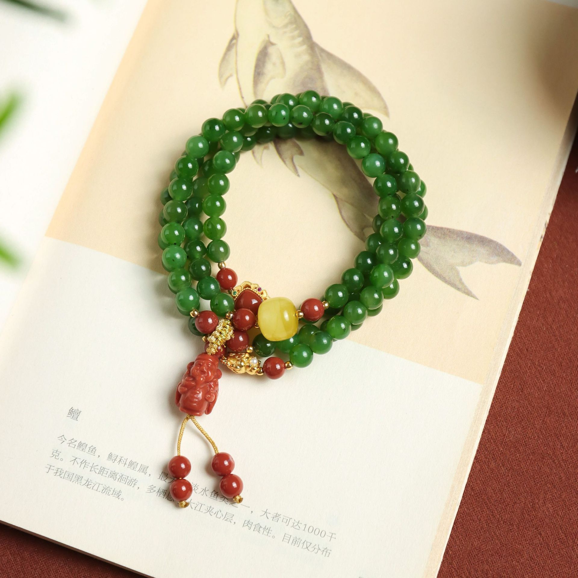 熹瑞天然和田碧玉四圈南红财神爷手串蜜蜡原创设计手工108毛衣链