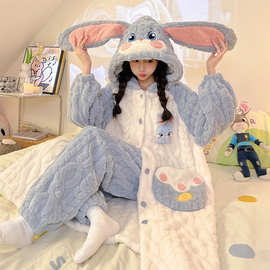 2025新款女士睡衣秋冬季珊瑚绒加绒加厚长款睡袍冬天法兰绒家居服