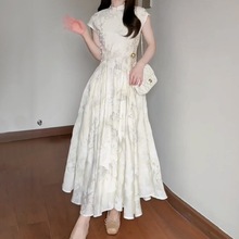 新中式温柔系小立领长裙子女夏季新款大裙摆气质优雅别致设计长裙