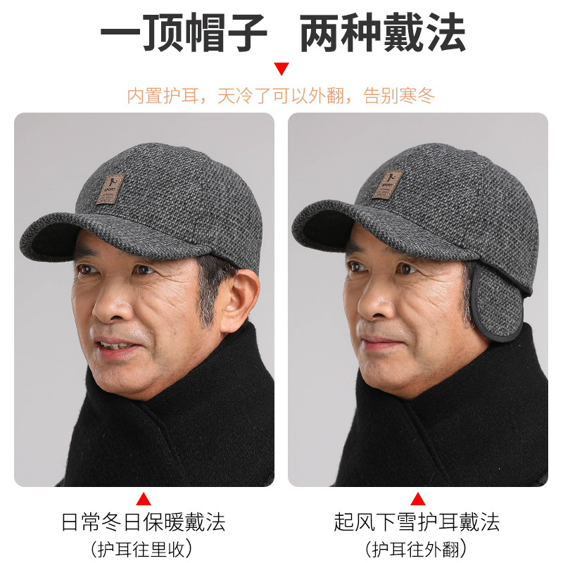 Men's Hat Winter Middle-Aged and Elderly Dad Baseball Cap Thick Warm Earflaps Peaked Cap Outdoor All-Matching Hats for the Elderly