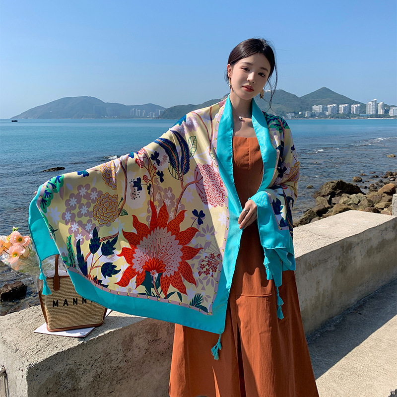 Chinese Retro Ethnic Style Flower Spring and Summer Imitation Cotton and Linen Feel Silk Scarf Women's Outer Shawl Travel Sun Protection Windproof
