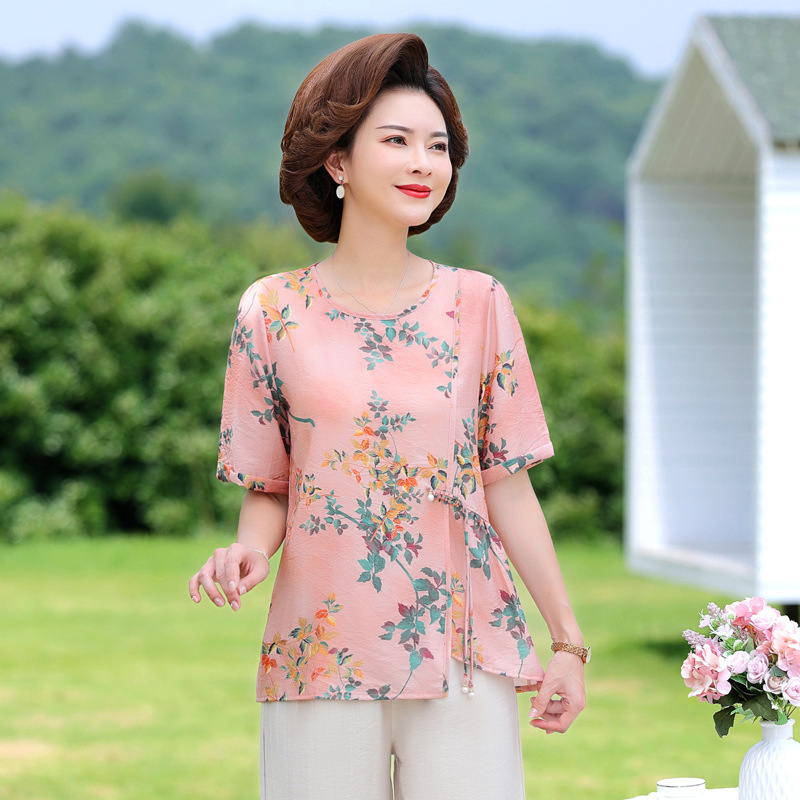 Qiaoyaying Mother's Wear Summer Printing Cotton Linen round-Neck Two-Piece Suit Middle-Aged and Elderly Women's Large Size Leisure Sports Suit