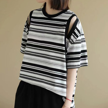 设计感黑白条纹圆领短袖T恤女新宽松复古上衣夏季TA5543