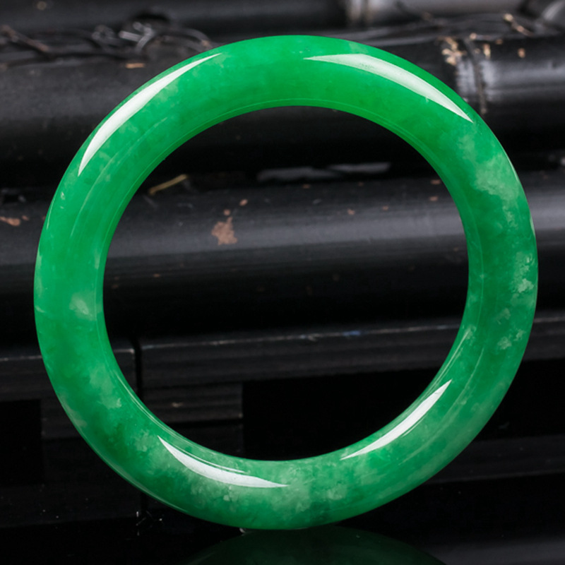 缅甸老坑翡翠冰糯种满绿圆条手镯阳绿玉石子女款玉镯满阳翡绿冰种