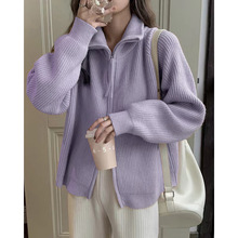 高级感超好看紫色针织开衫秋冬季2023新款宽松翻领拉链毛衣外套女