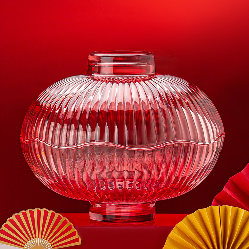红灯笼玻璃水晶果盘果斗红色喜庆玻璃果盘创意客厅茶几糖果水果盘