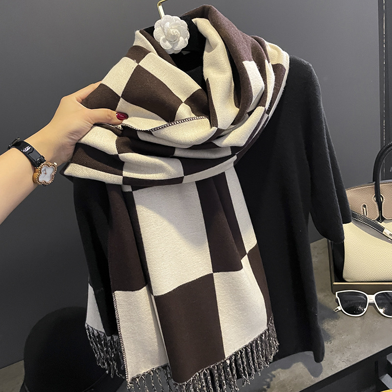 Women's Korean-Style Winter Rectangular Chessboard Plaid Colorblock Multi-Functional Tassel Thickened Warm Scarf Shawl