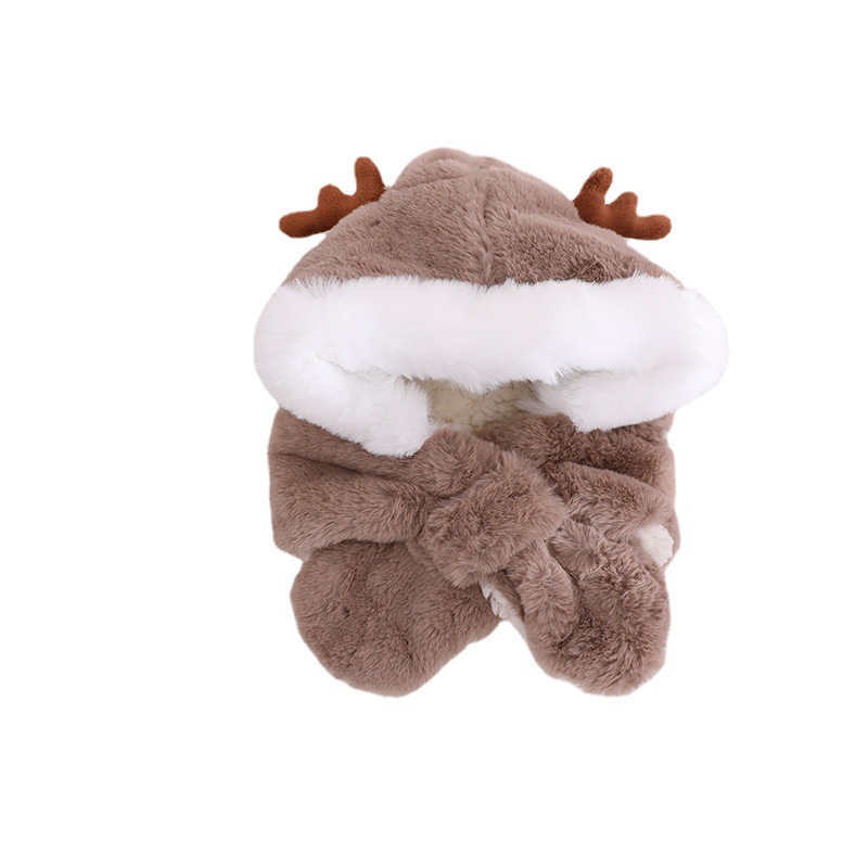 Winter Children's Hat Scarf Integrated Boys and Girls Thickened Warm Plush Cute Baby Antlers Earflaps Cap