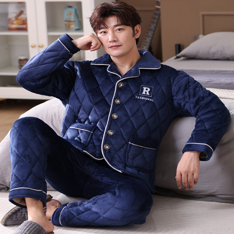 Men's Pajamas Winter Thickened Velvet Padded Three-Layer Quilted Coral Fleece Flannel Autumn Winter Warm Loungewear Suit