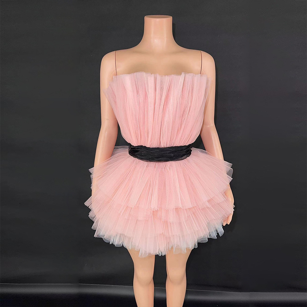 跨境热卖性感抹胸粉色网纱蓬蓬裙舞台演出服生日宴会派对礼服裙