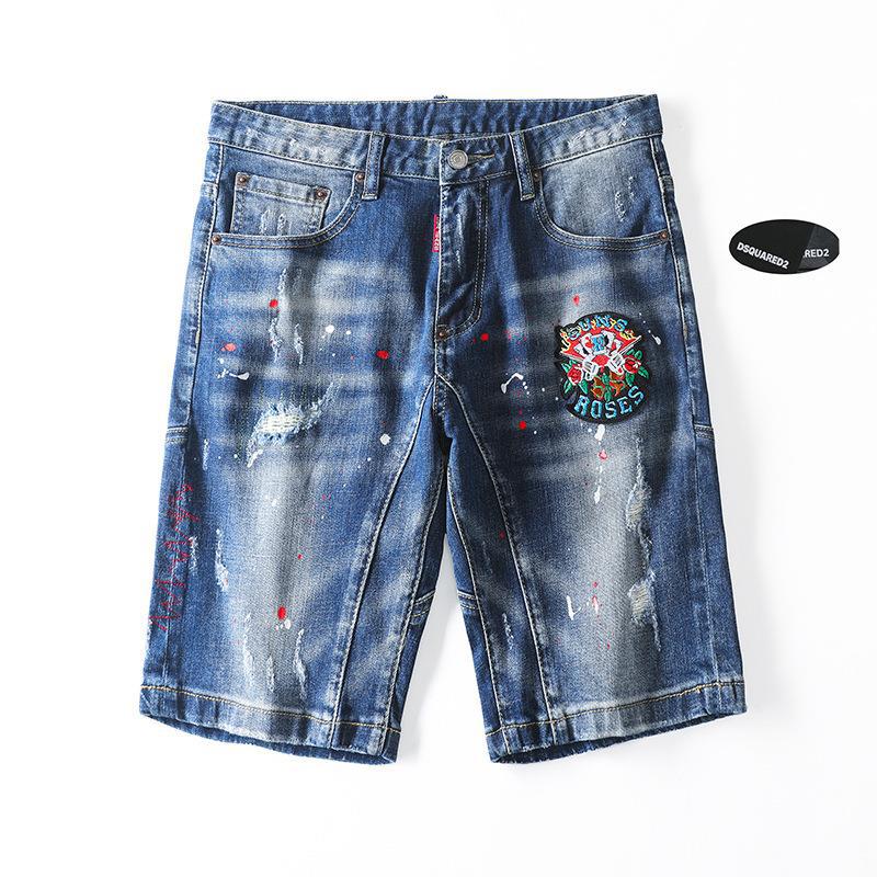 DSQ Stitching Jeans Men's Middle Pants Badge Light Damaged Retro Blue Elastic Fashion Men's Clothing Europe and America Cross Border