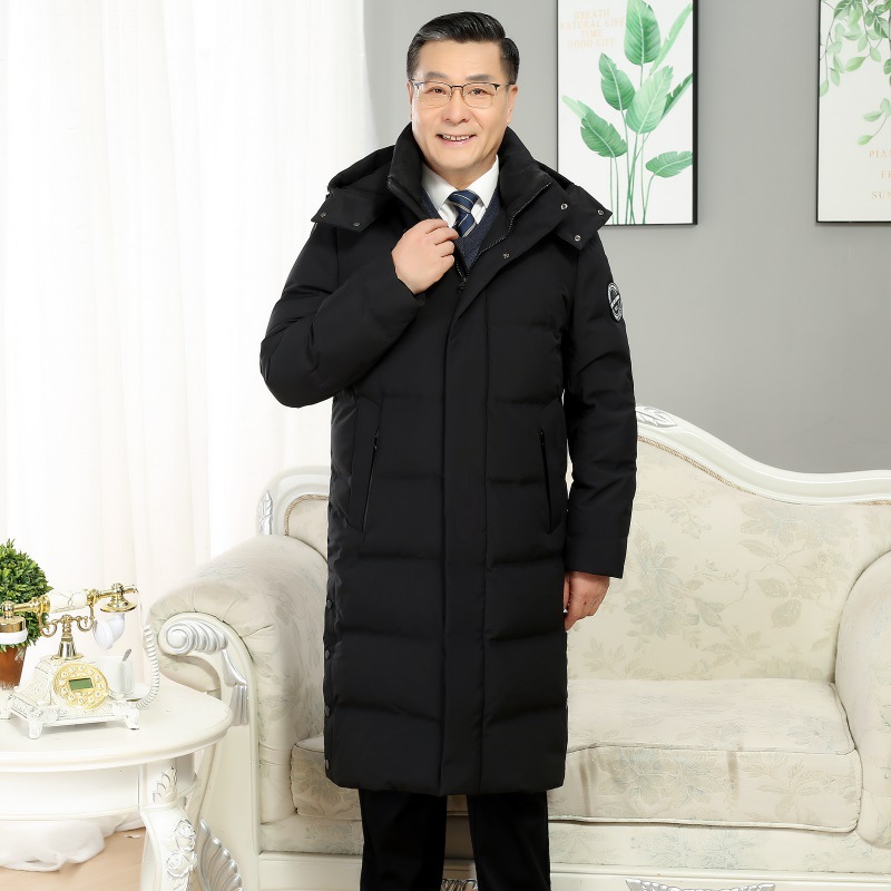 Dad Winter Clothes Middle-Aged and Elderly down Jacket Men's Overknee Long Thickened Cold Protection Fur Collar Hood Casual Parka Jacket