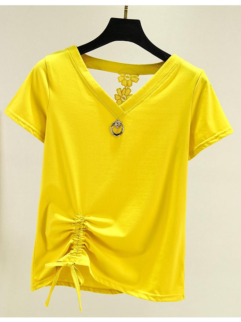 含棉夏季新款加肥加大码女装胖mm短袖t恤女抽绳宽松显瘦v领上衣潮