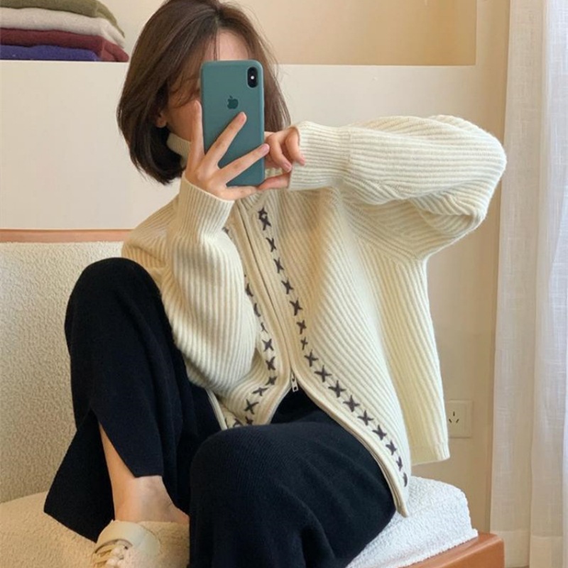 Niche Double Zipper Lapel Knitted Cardigan for Women Idle Style Loose Soft Glutinous Long Sleeve Sweater Base Coat Thick Top