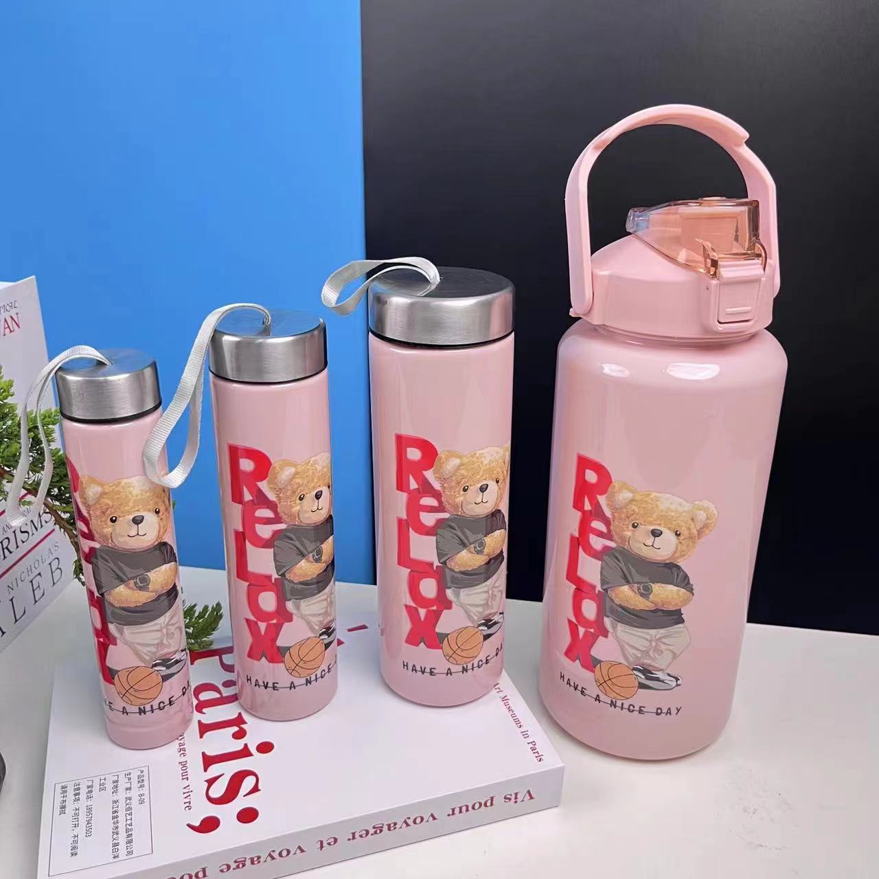 New Plastic Cup Cute Cartoon Bear Four-Piece Set Cup Straw Shake Sports Bottle Custom Printing Cup