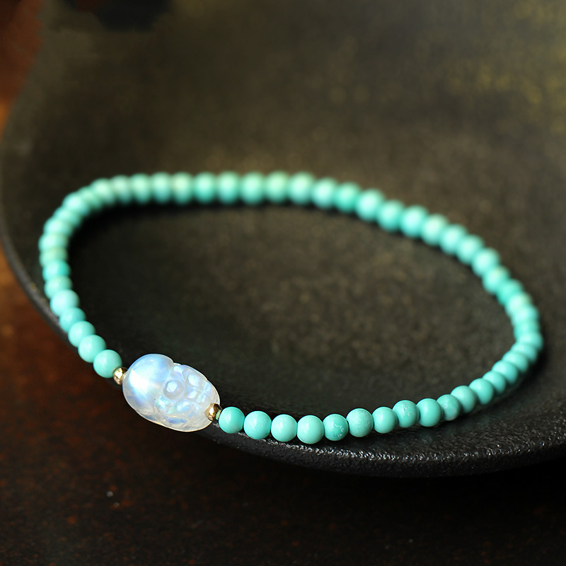 原矿高瓷绿松石佛珠手串冰透月光石貔貅手链原矿秦古料绿松石手链