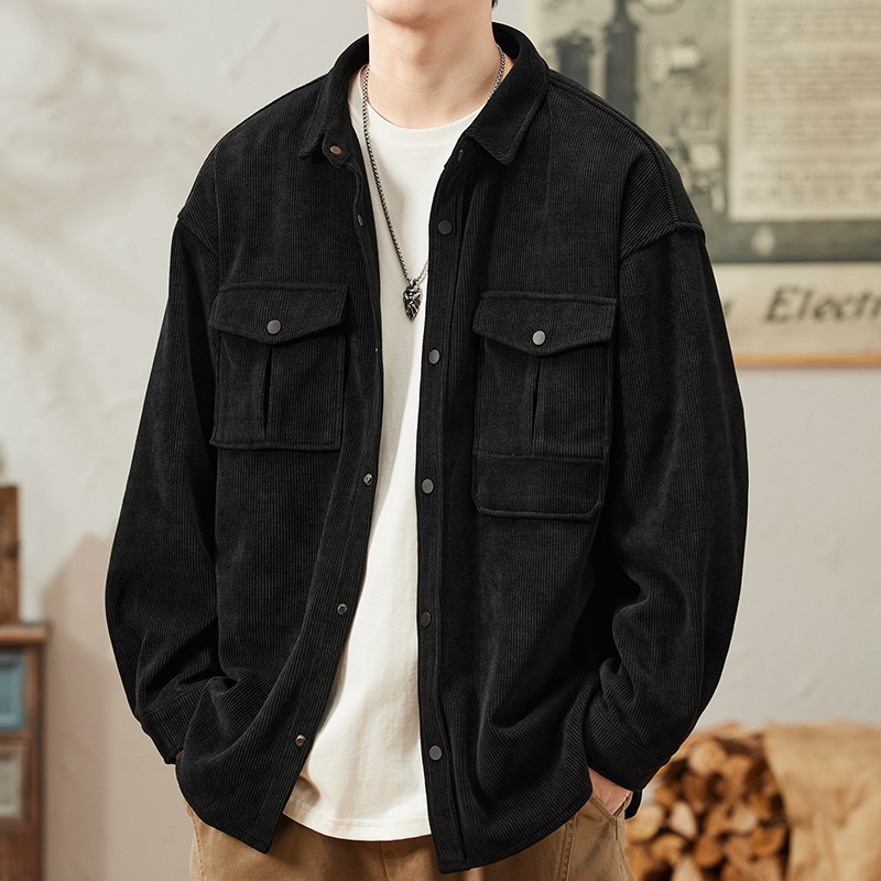 灯芯绒黑色夹克外套男士衫衣衬衫工装2023春秋季新款翻领褂子上衣