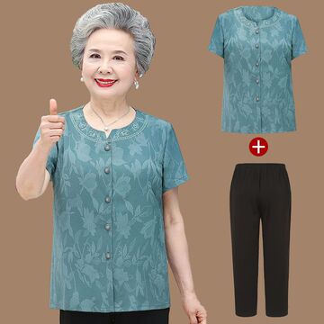 奶奶夏装短袖t恤中老年人女装妈妈衬衫60-70岁老太太开衫上衣套装