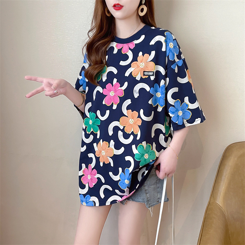 Colorful Flower Short-Sleeved T-shirt for Women Summer New Mid-Length round Neck Design Sense Trendy Half Sleeve Top Clothes Ins Fashion