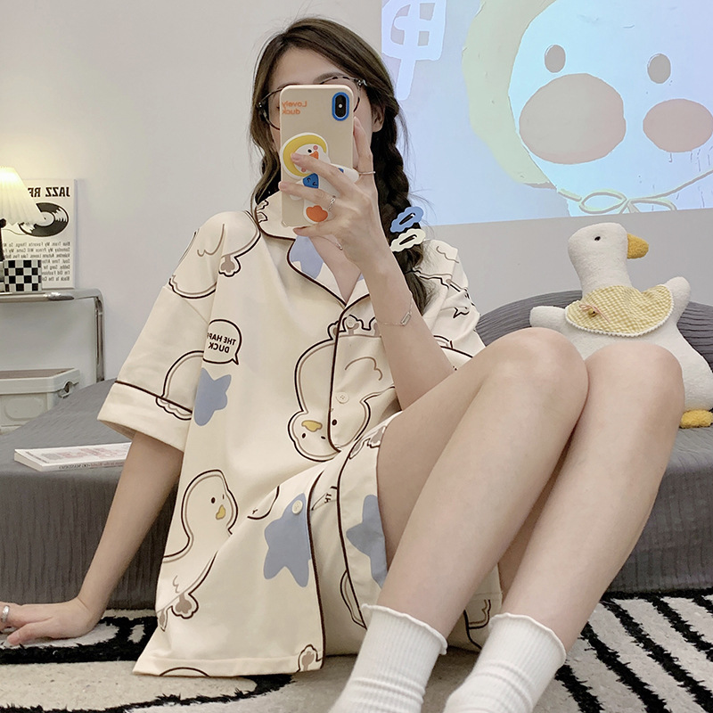 New Pajamas Women's Short Sleeve Summer Lapels Cardigan Suit Student Sweet Cute Cartoon Women's Cotton