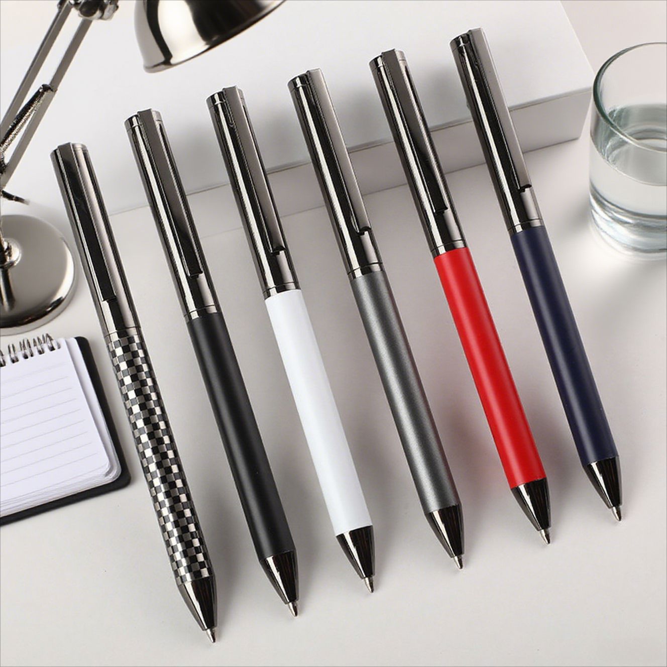 电镀枪灰高档金属圆珠笔旋转油性旋钮金属外贸方格创意签字礼品笔