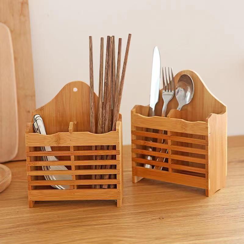 Bamboo Hanging Chopsticks Cage Kitchen Draining Chopsticks Tube Double Grid Classification Tableware Cage Chopsticks Holder Chopsticks Cage