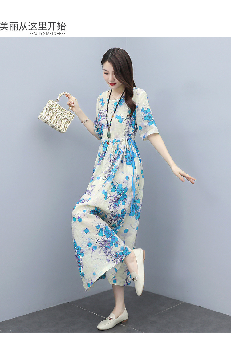 夏装大码女装2021新款棉麻休闲亚麻洋气印花连衣裙显瘦收腰中长裙