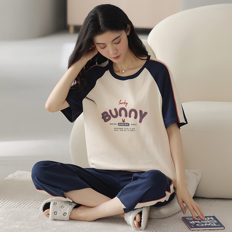 Women's Cotton Pajamas Summer Mother Large Size Fashionable Simple and Cute Knitted Short-Sleeved Cropped Pants Home Wear Suit