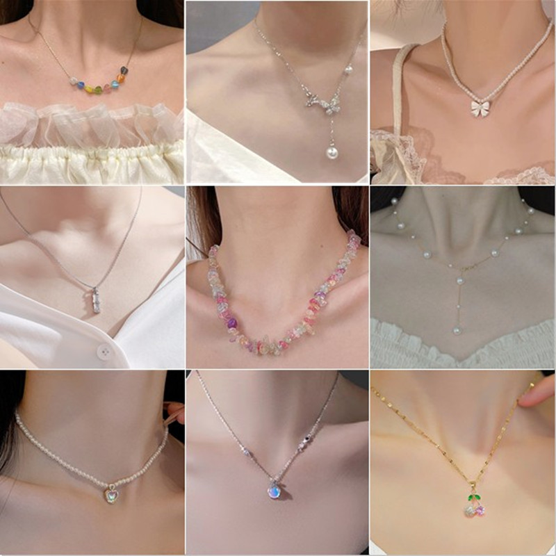 New Titanium Steel Niche Pearl Necklace for Women All-Match Stitching Love Butterfly Clavicle Chain Light Luxury Temperament Necklace Wholesale