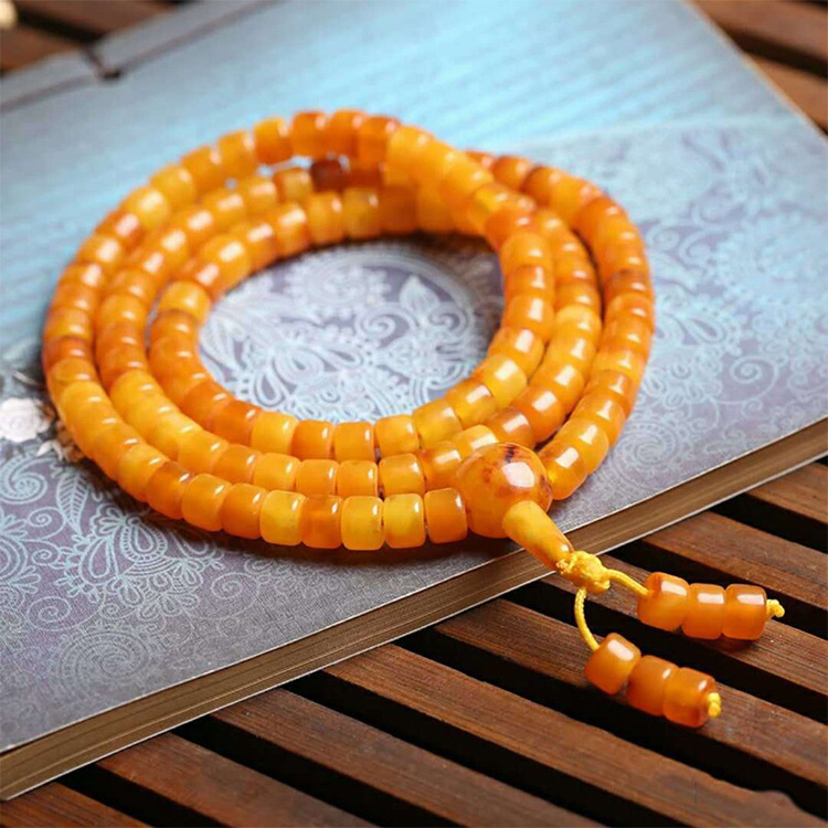 直播供货波罗的海老蜜蜡108佛珠手串男女士鸡油黄琥珀手链批发
