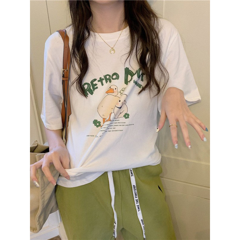 东大门韩系减龄字母卡通小鸭子短款印花圆领短袖T恤女打底衫上衣
