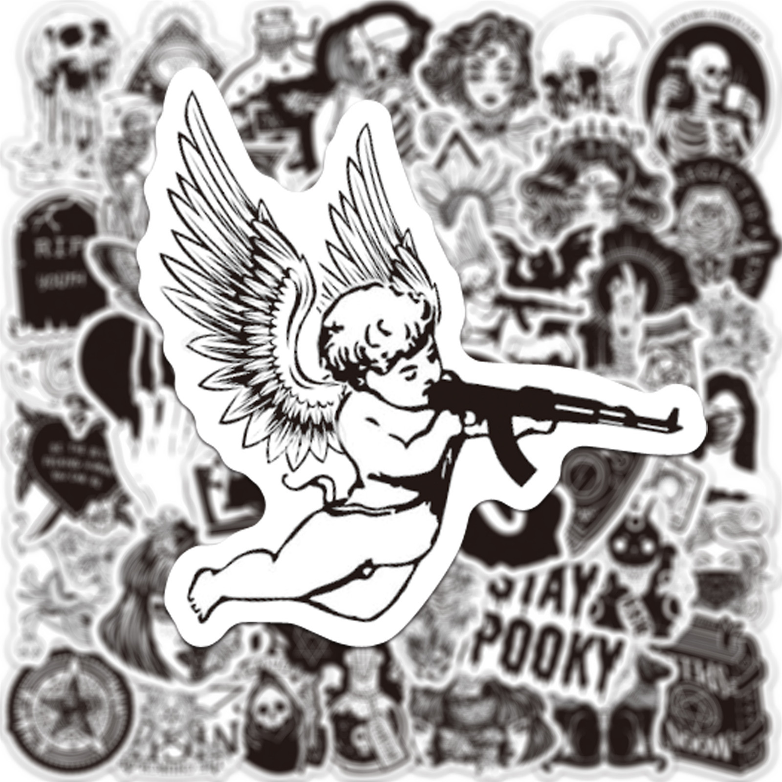 50张新款黑白哥特式酷骷髅涂鸦贴纸滑板车吉他水杯拉杆箱防水贴纸