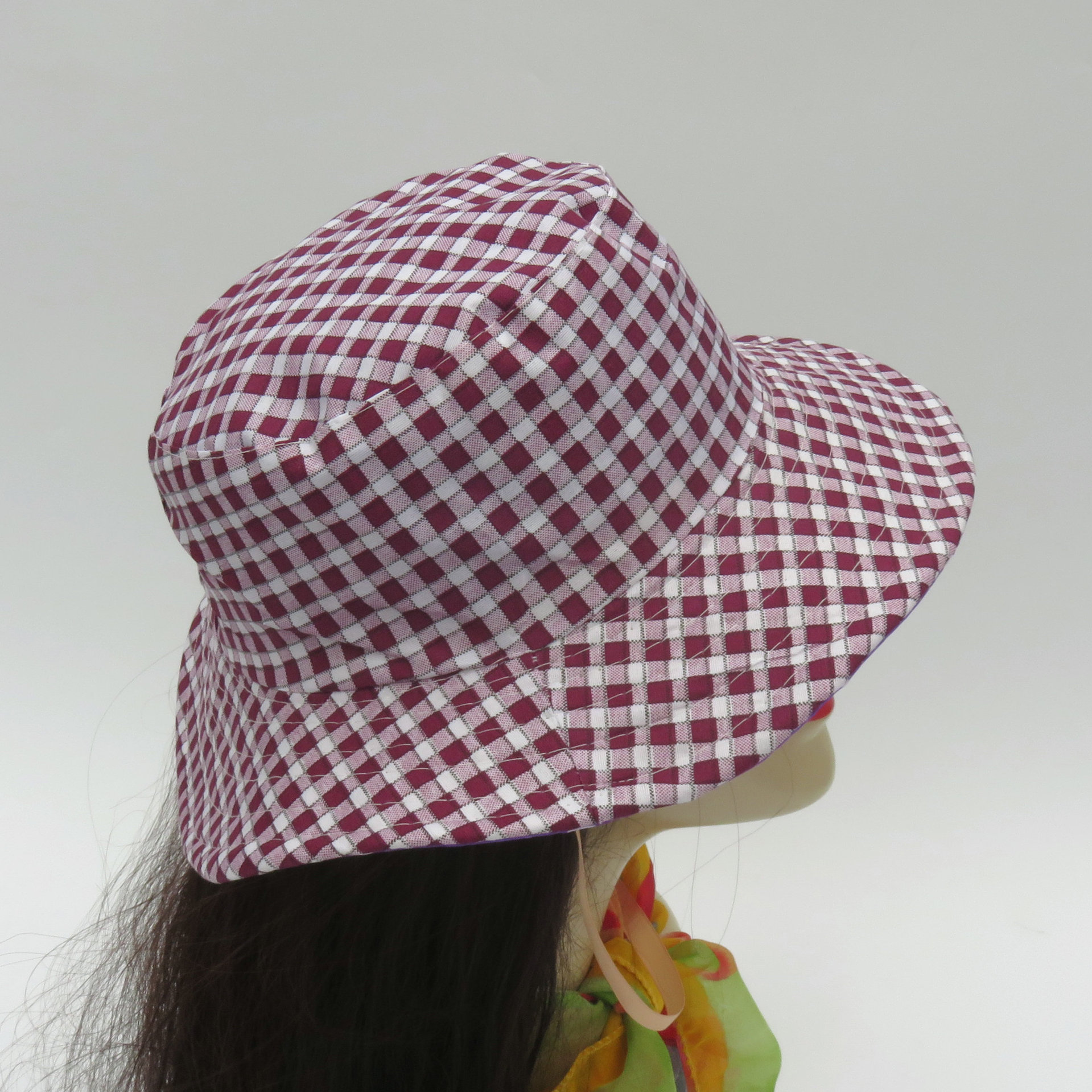 帽子女士夏天布帽格子双面可戴渔夫帽盆帽折叠户外防晒大沿遮阳帽