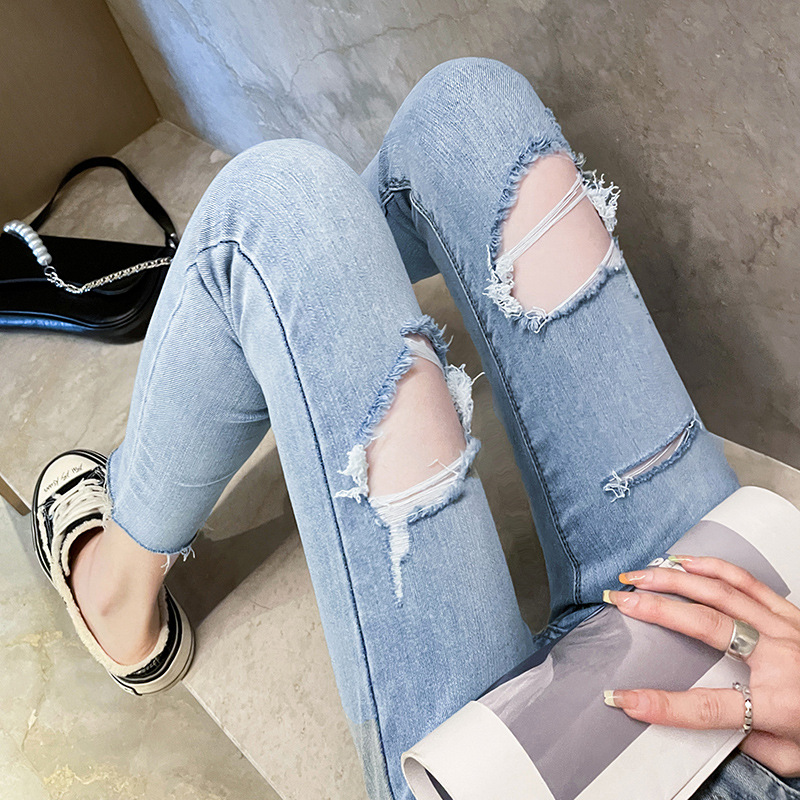 Ripped Ankle-Tied Jeans Women's Summer Thin New Slim Slimming High Waist Cropped Tight Pencil Pants