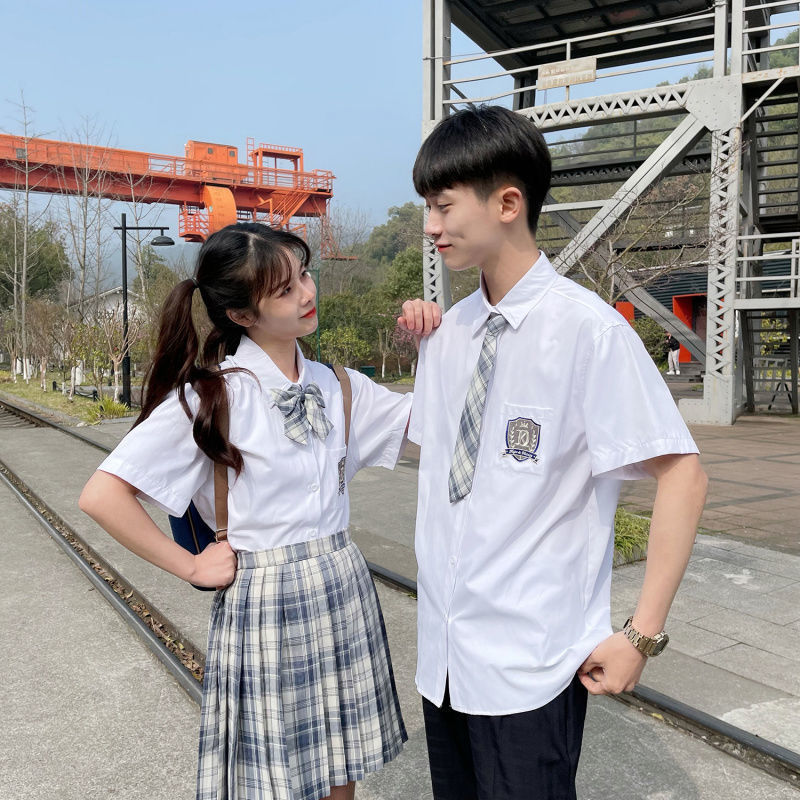 情侣装夏装套装新款港风日系领带jk短袖白衬衫学生dk制服毕业班服
