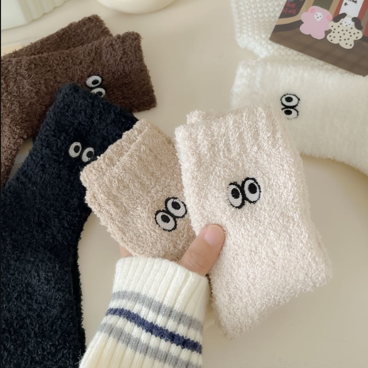 Thick Socks for Women Winter Coral Fleece Room Socks Couple Home Socks Embroidered Eyes Cute Warm with Velvet Sleeping Socks