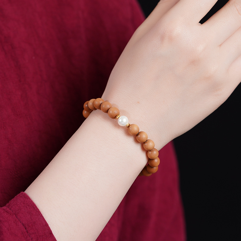 天然老山檀手串圆珠搭配淡水珍珠配饰男女生款文玩手饰品单圈手链