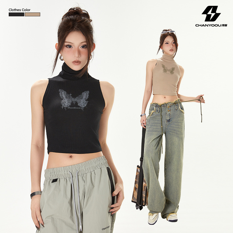 浅耀女装|蝴蝶半高领无袖背心女阿美咔叽紧身性感内搭外穿上衣女