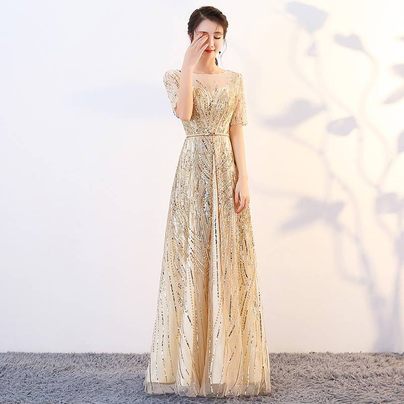 宴会晚礼服女2020新款长裙亮片金色敬酒主持人司仪大合唱演出服装