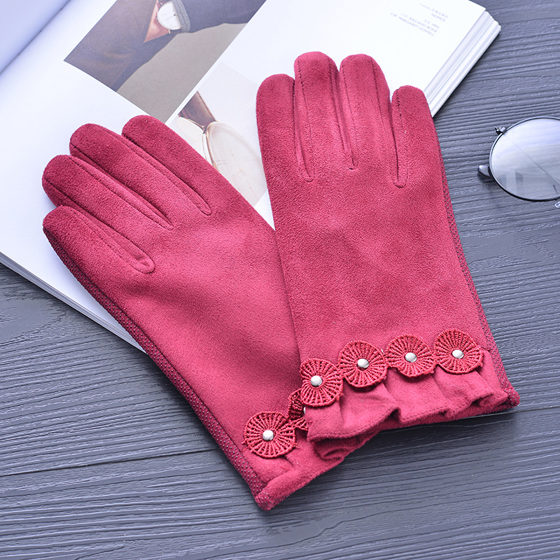 Solid Color Suede Gloves Women's Cold-Proof Warm Finger Cloth Gloves Four Flowers Decorative Outdoor Sports Riding Gloves