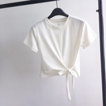 短款纯色T恤女2024夏装韩版绑带小心机露脐学生短袖体恤修身上