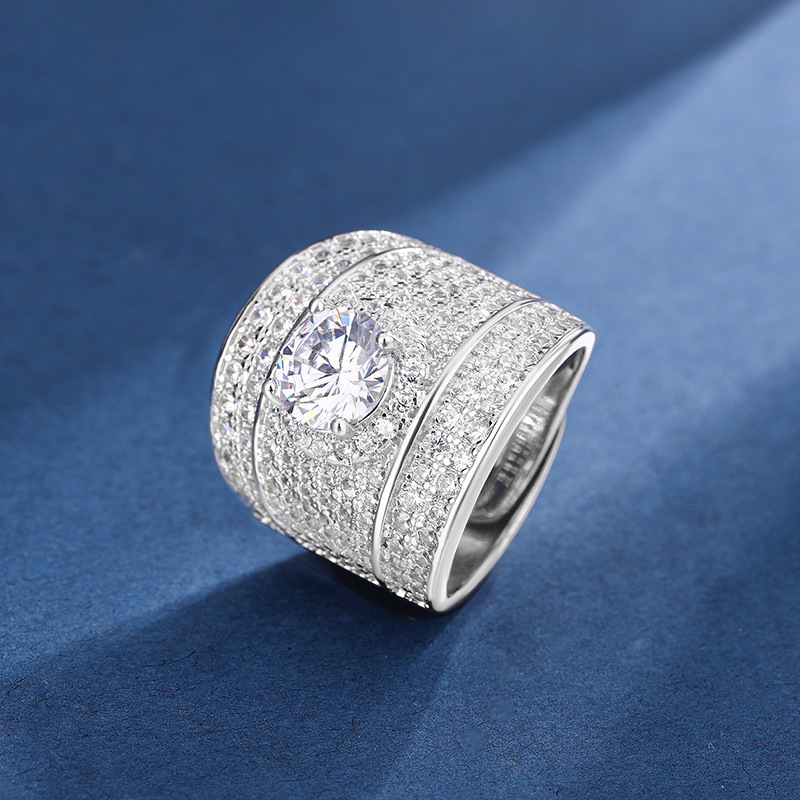 欧美跨境热卖仿莫桑石闪钻男戒微镶满钻奢华嵌钻石霸气开口戒指男