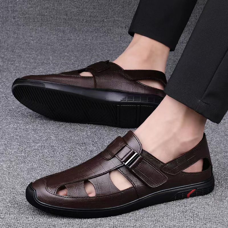 foreign trade sandals 2023 summer new soft leather hole men‘s shoes men‘s casual hollow leather shoes soft bottom leather sandals